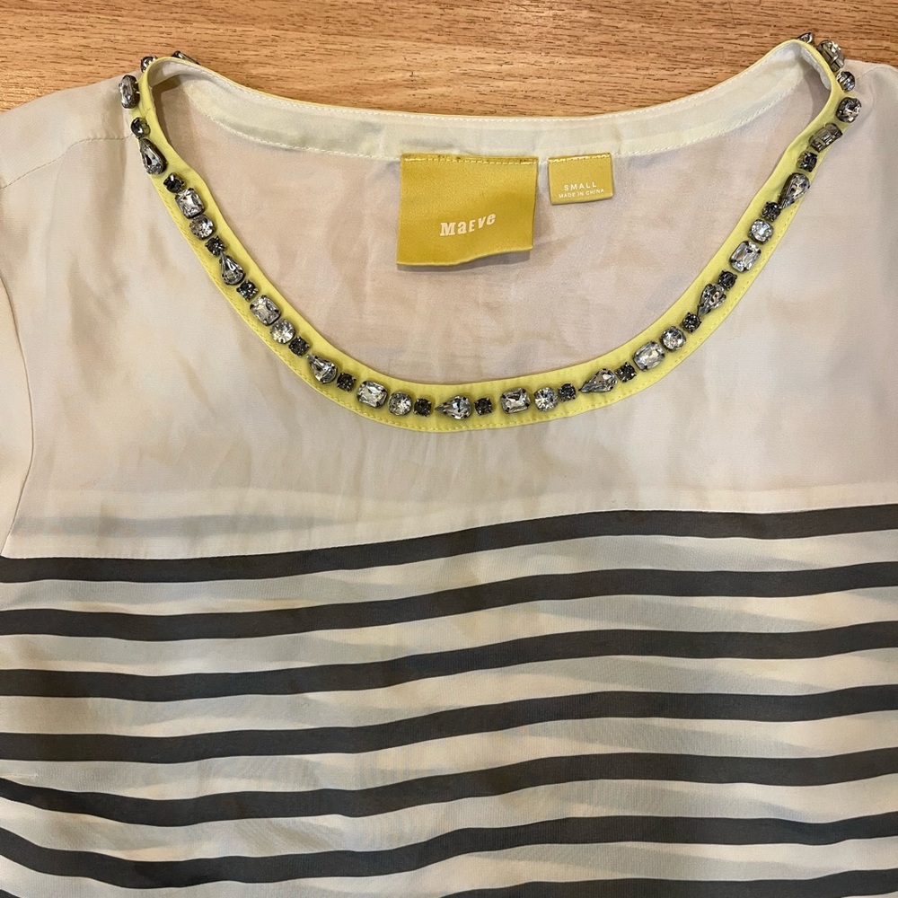 Maeve Cream and Gray Striped Dress with Yellow Trim